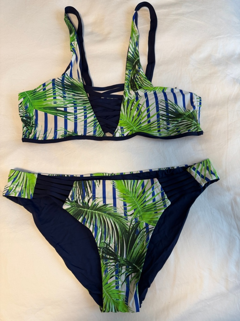 Tropical Palm Print Bikini Set in Navy & Green
